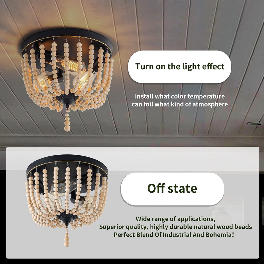 Farmhouse Wood Beaded Flush Mount Ceiling Light, 3-Light Boho Wooden Bead Chandelier Vintage Lighting Fixtures