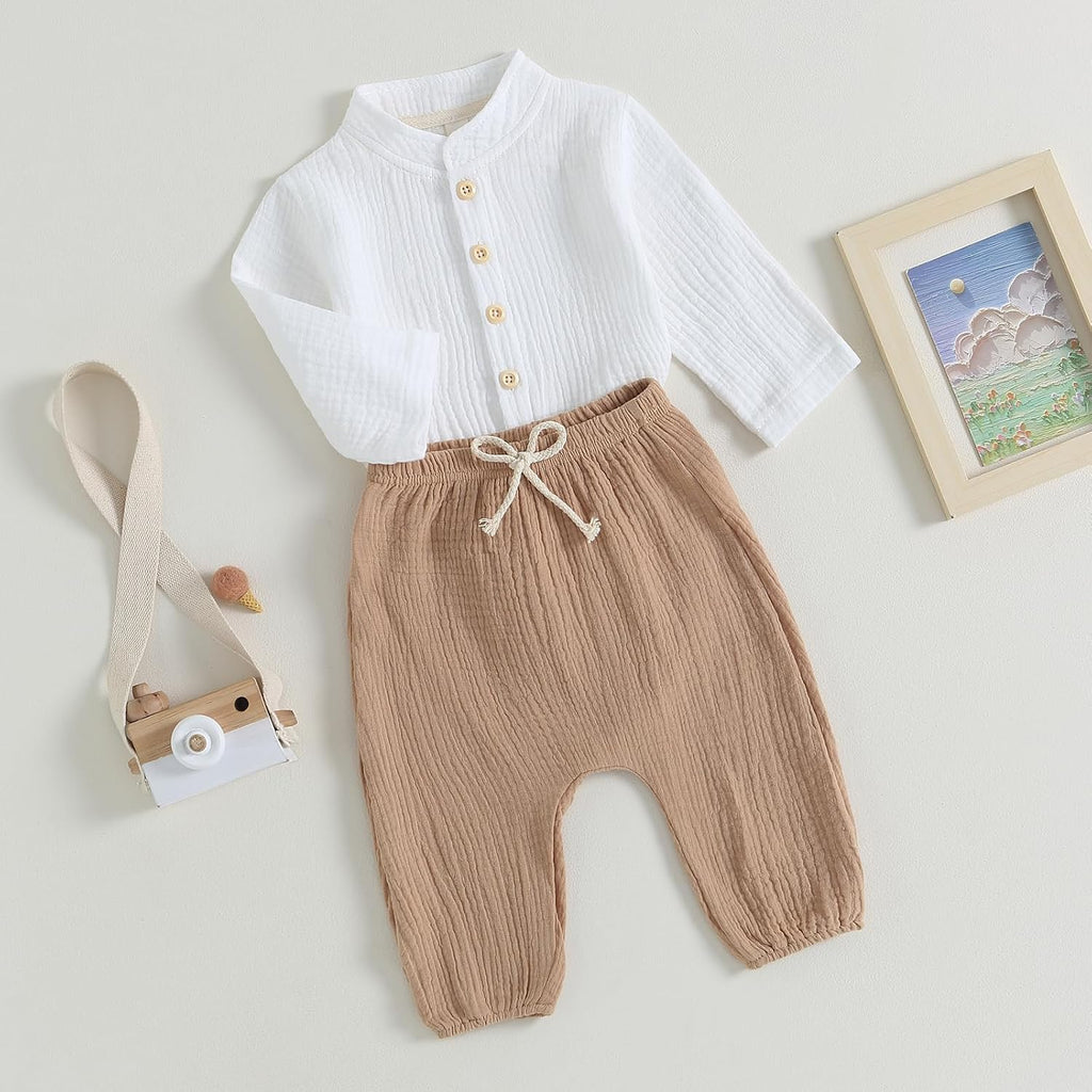 Toddler Boy Linen Outfit Baby Boy Fall Winter Clothes Set Button-Down Shirt Tops Cotton Linen Pants 2PCS