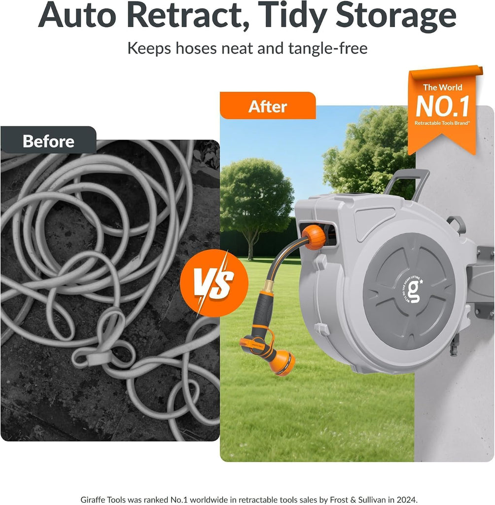 Retractable Hose Reel 1/2" x 65 ft Wall Mount Auto Rewind | Garden Hose Reel Heavy Duty,Any Length Lock,Auto Rewind
