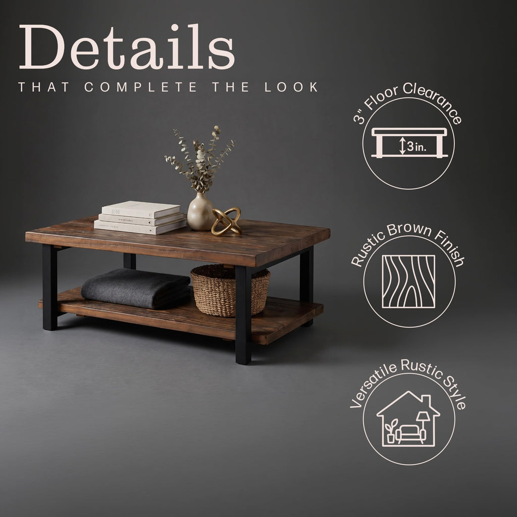 Pomona Solid Wood Coffee Table, Rustic Brown, 48"
