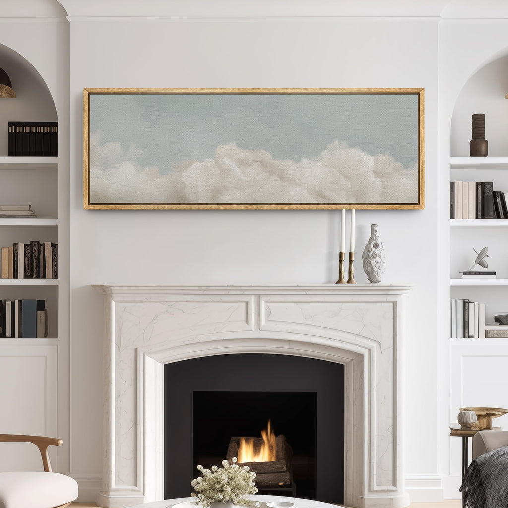 Large Framed Canvas Print Wall Art Cloudscape Soft Sky and White Cloud Illustrations Modern Art Calm Warm - 60"x20"