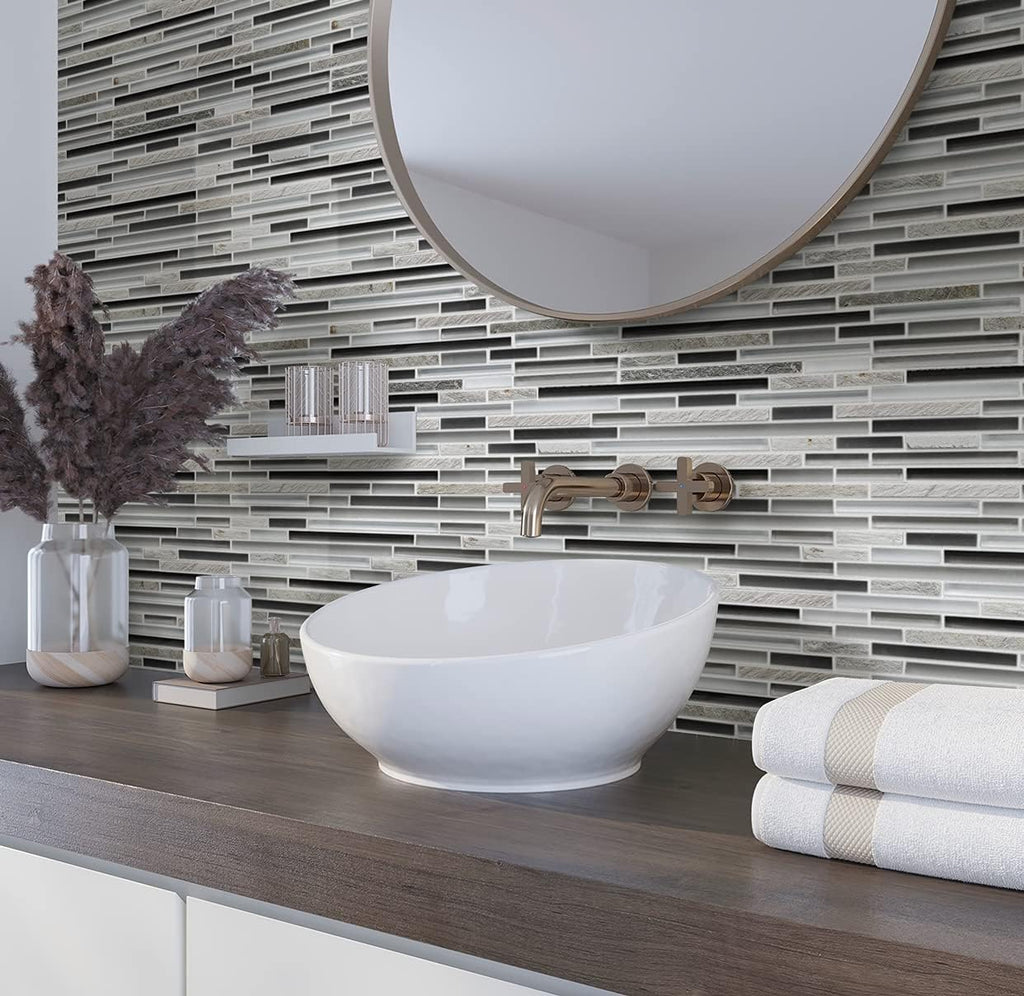 Linear Mosaic Stone Tile Gray & Black 11.8x11.8 Polished 4.83 sq ft 5-Pack | Mesh-backed natural marble. Kitchen