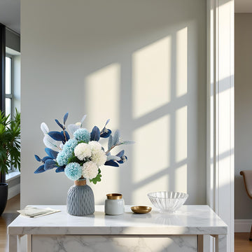 Blue Artificial Flower Bouquet in Ceramic Vase