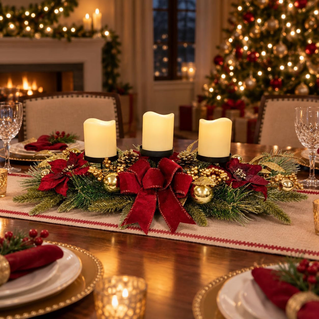 Christmas Candle Holder Centerpiece with Poinsettias and Berries