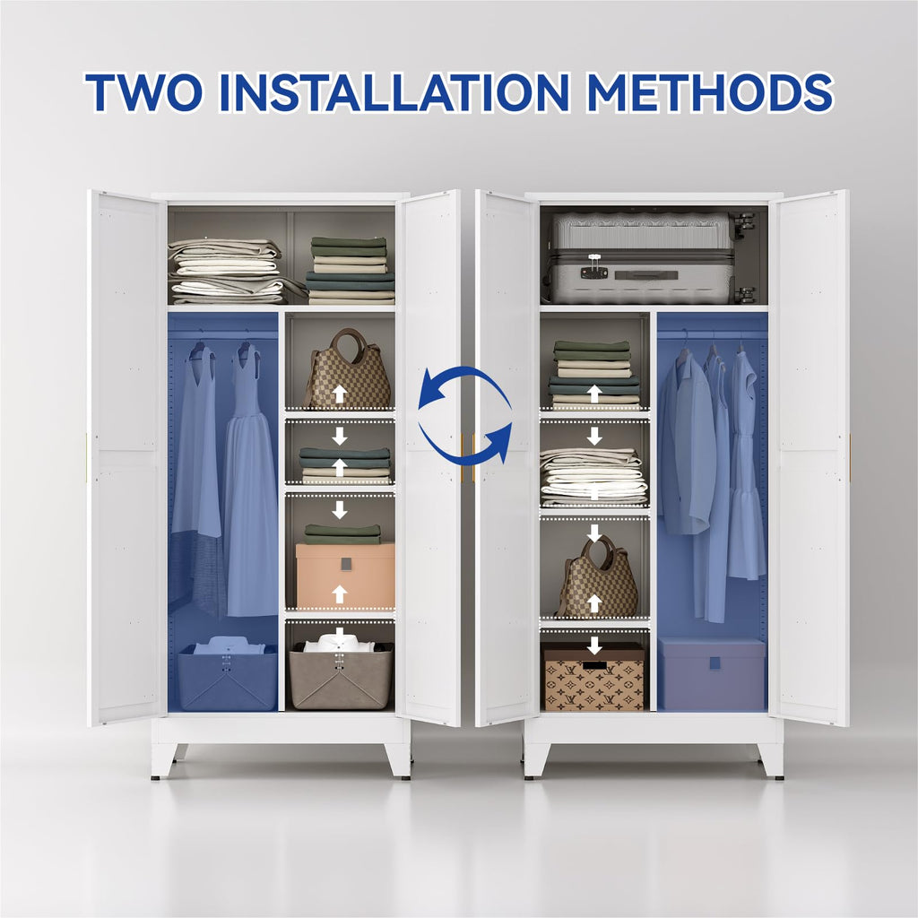 Metal Wardrobe Closet with Doors, 71'' Tall Steel Bedroom Armoire with Adjustable Hanging Rod and Shelves, Broom