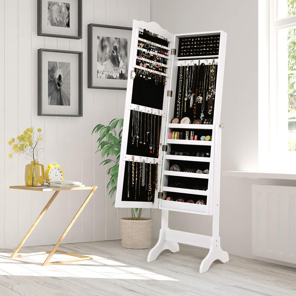 Jewelry Armoire with Full Length Mirror, Lockable Standing Jewelry Cabinet, Mirror with Jewelry Storage, Ring Earring