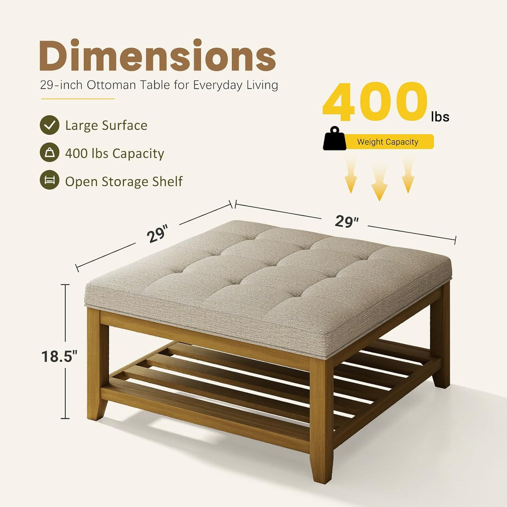 Large Square Ottoman Coffee Table, Linen Solid Upholstered Footrest Ottoman with Solid Wood Shelf Storage Tufted