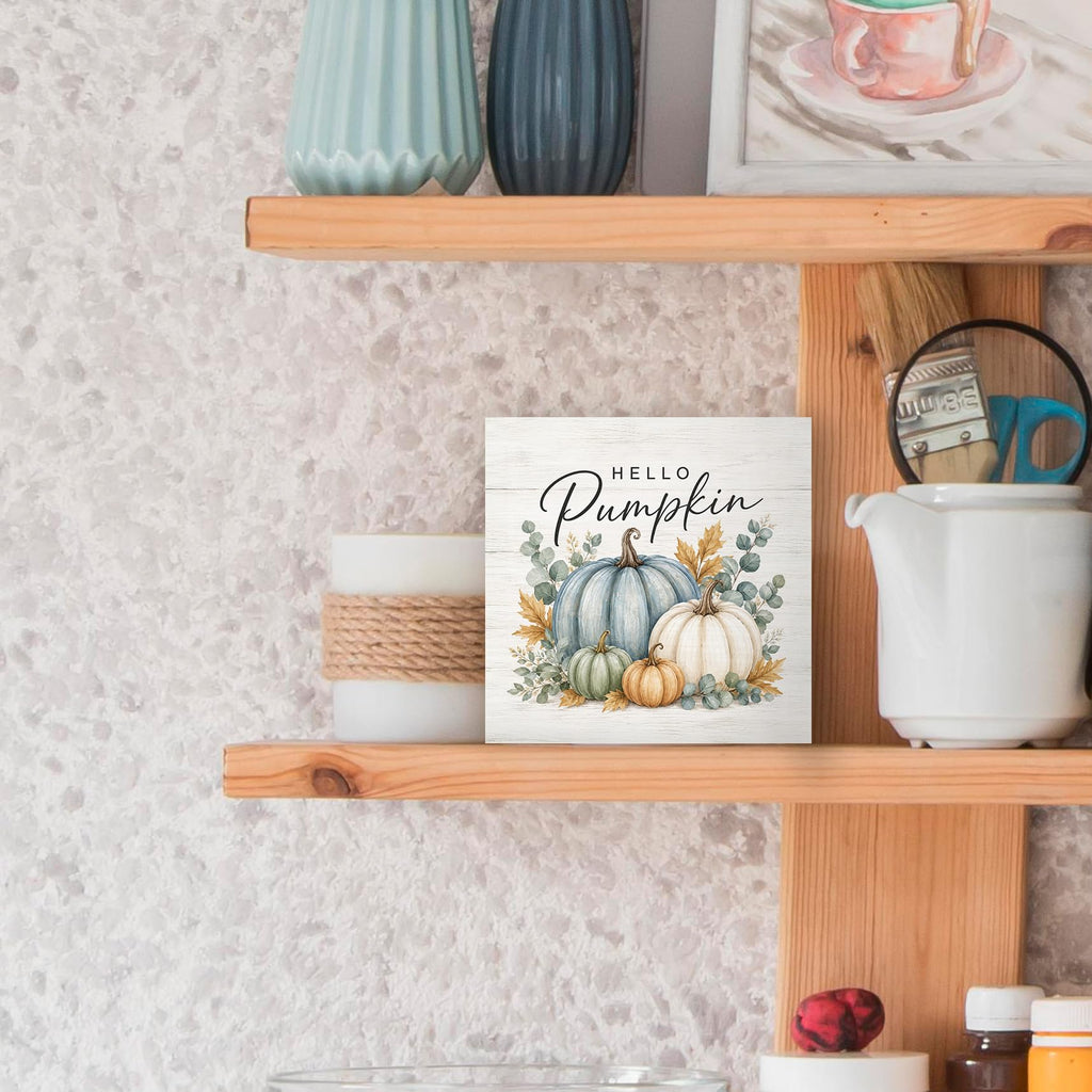 Fall Pumpkin Eucalyptus Botanical Wood Box Sign Desk Decor 5X5