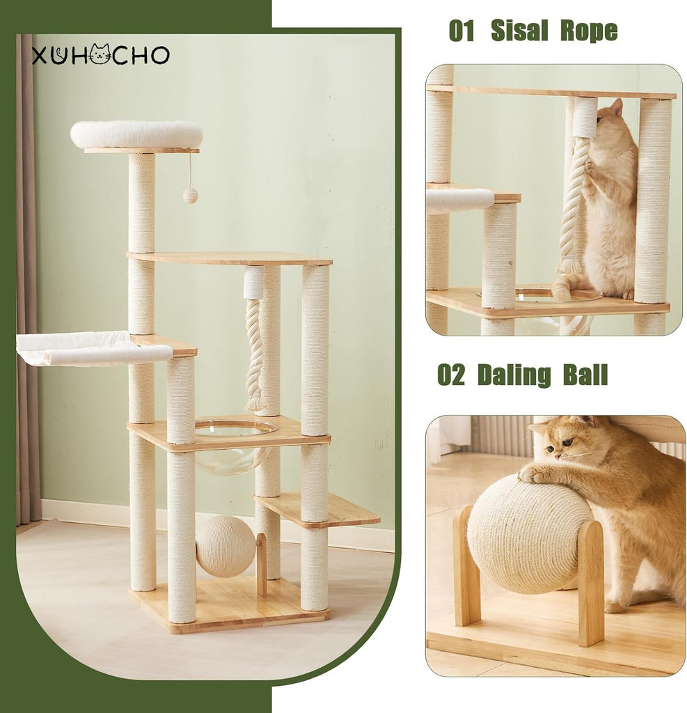 60 in Multi-Level Rubberwood Cat Tower