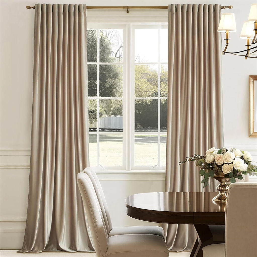 100% Full Blackout Champagne Beige Velvet Curtains 84 inch Long,Set of 2 Liner Rod Pocket Back Tab Thermal Window