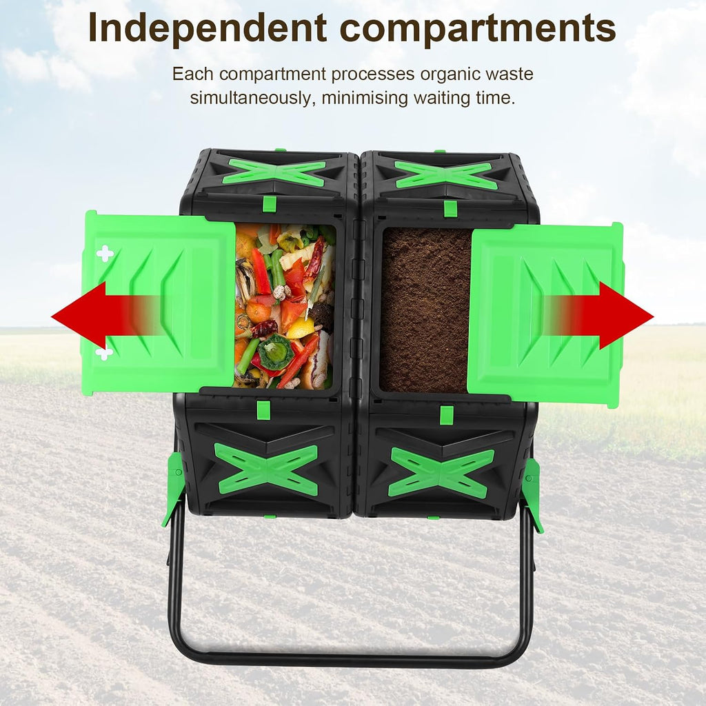 140L Dual Chamber Efficient Outdoor Compost Bin with Sliding Door | 360 Degree Rotating Large Composter Easy Setup