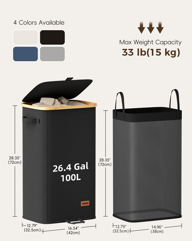 100L Laundry Hamper with Lid, Large Clothes Hamper, Black