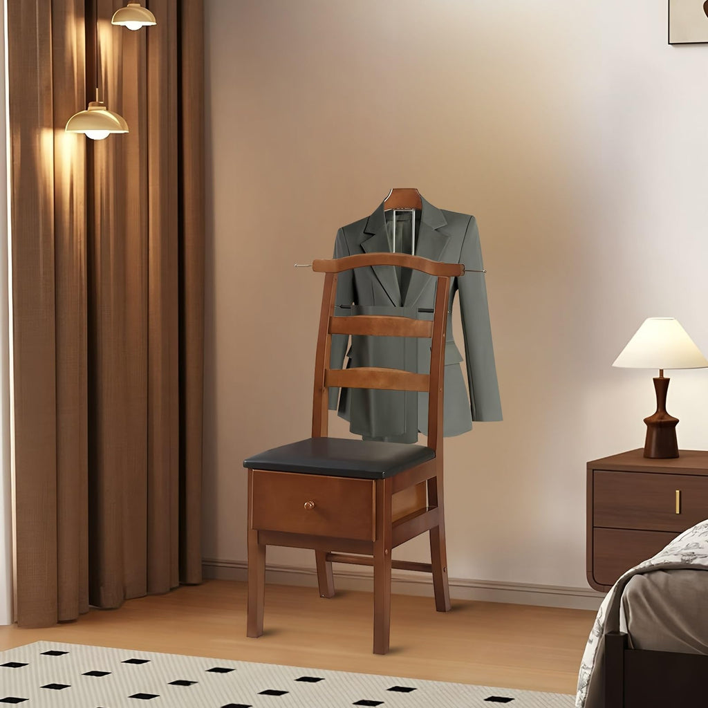Chair Valet with Drawer and Tray for Men Women's Clothes, Watches Keys Wooden Suit Rack Valet Stand, with Contour