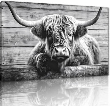 Large Highland Cow Canvas Wall Art Black and White Pasture Hairy Cow Pictures Vintage Wooden Panel Background Cow