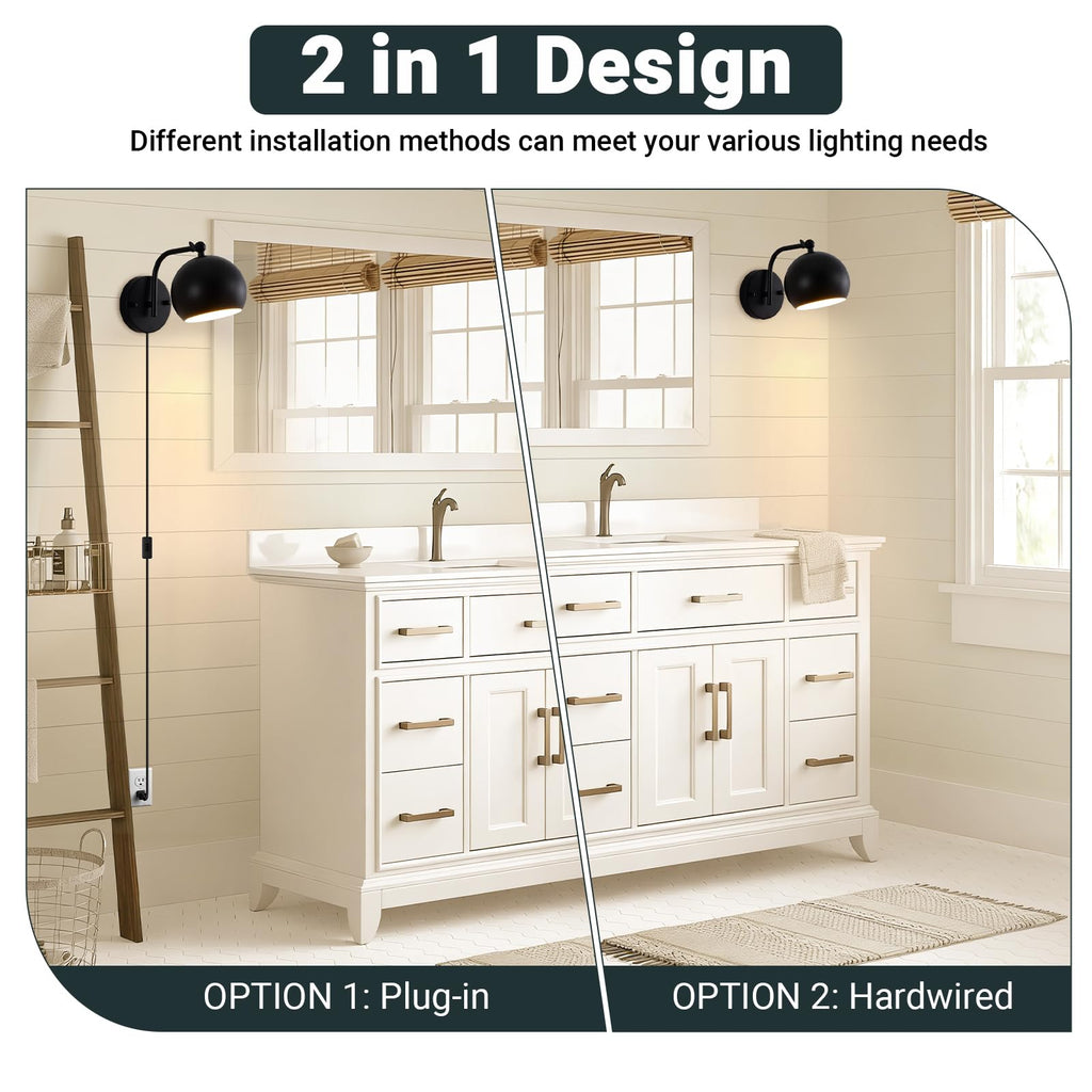 Plug in Wall Sconces Set of 2, Adjustable Angle Black Wall Lights with Plug in Cord & On/Off Switch, Bedside Wall