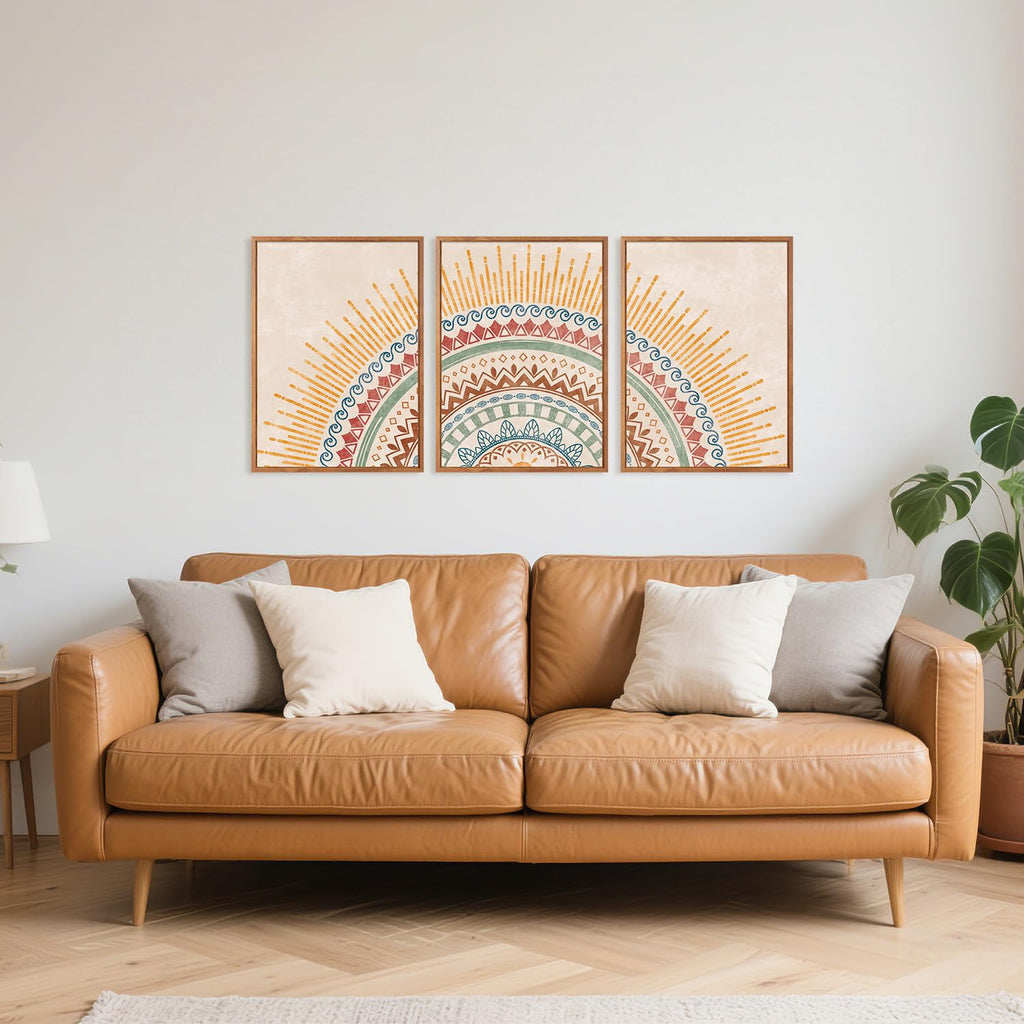 Boho Sun Framed Canvas Wall Art Set, (Set of 3, 12X16 Inch) Mid-Century Modern Wall Decor, Minimalism Bohemian Wall