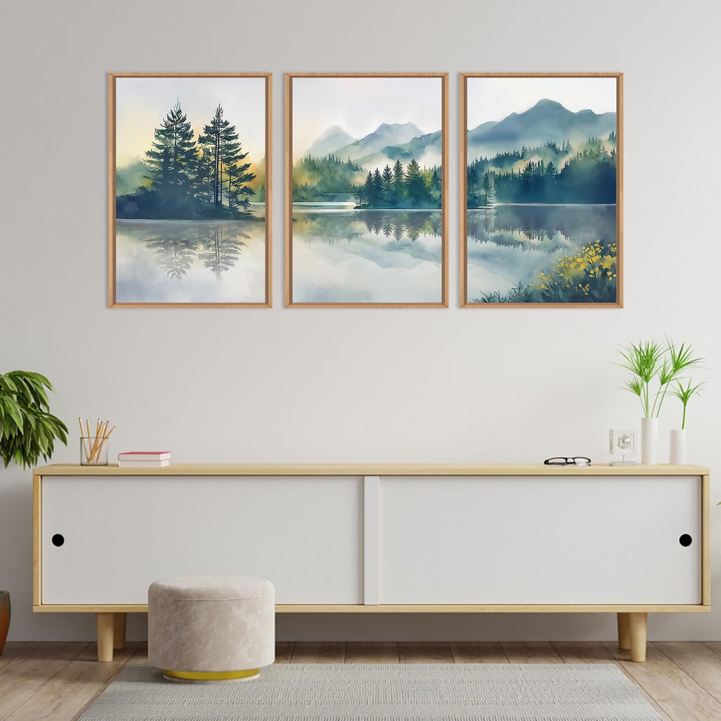 Large Green Mountain Framed Canvas Wall Art Set, Nature Foggy Forest Lake Reflection Wall Decor, Modern Pine Tree
