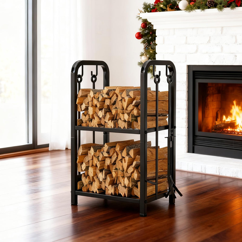 Firewood Rack Indoor with Tools, 2-Tier Firewood Holder Storage