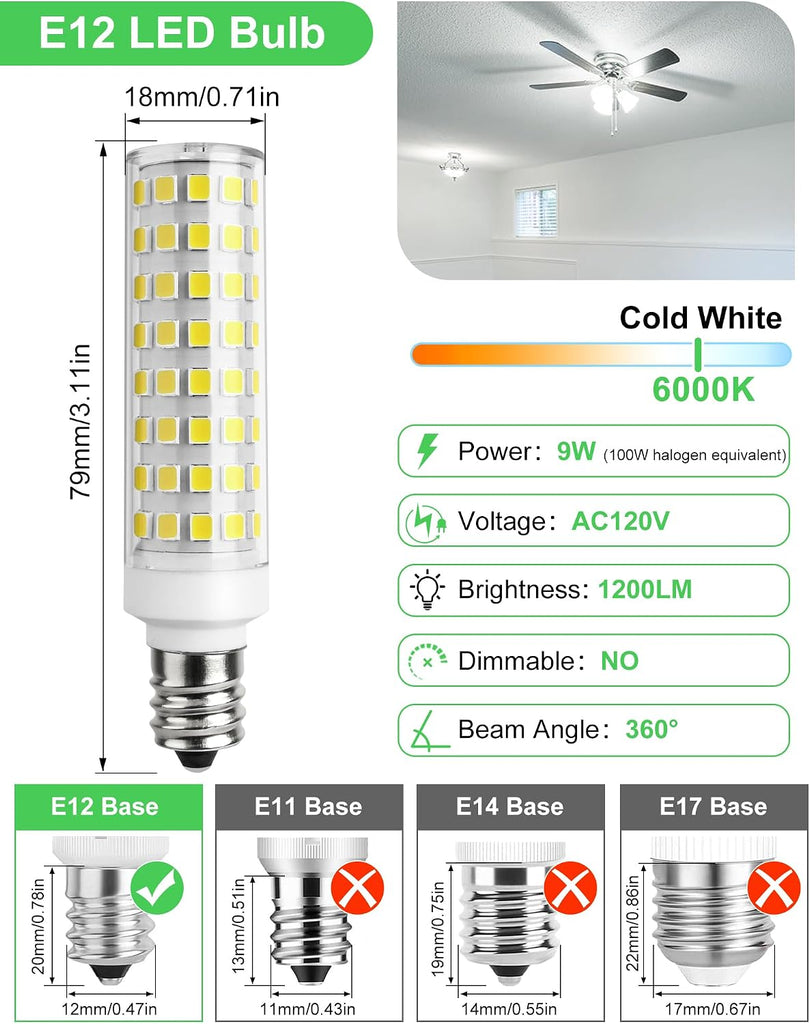 E12 9W 6000K LED Candelabra Bulbs 100w Equivalent 1200lm 6Pack