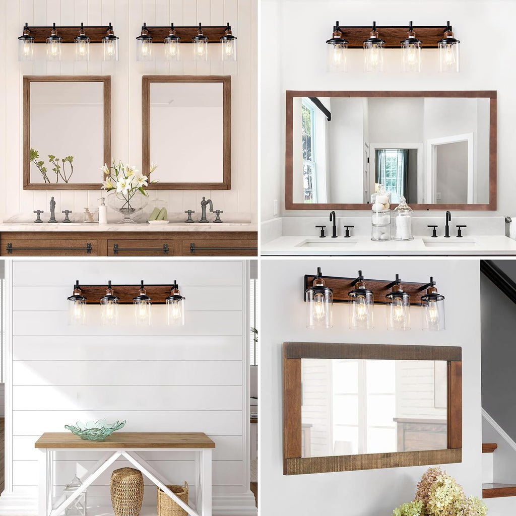 4-Light Farmhouse Bathroom Light Fixtures Vintage Bathroom Vanity Lights Over Mirror Black and Wood Painted Metal