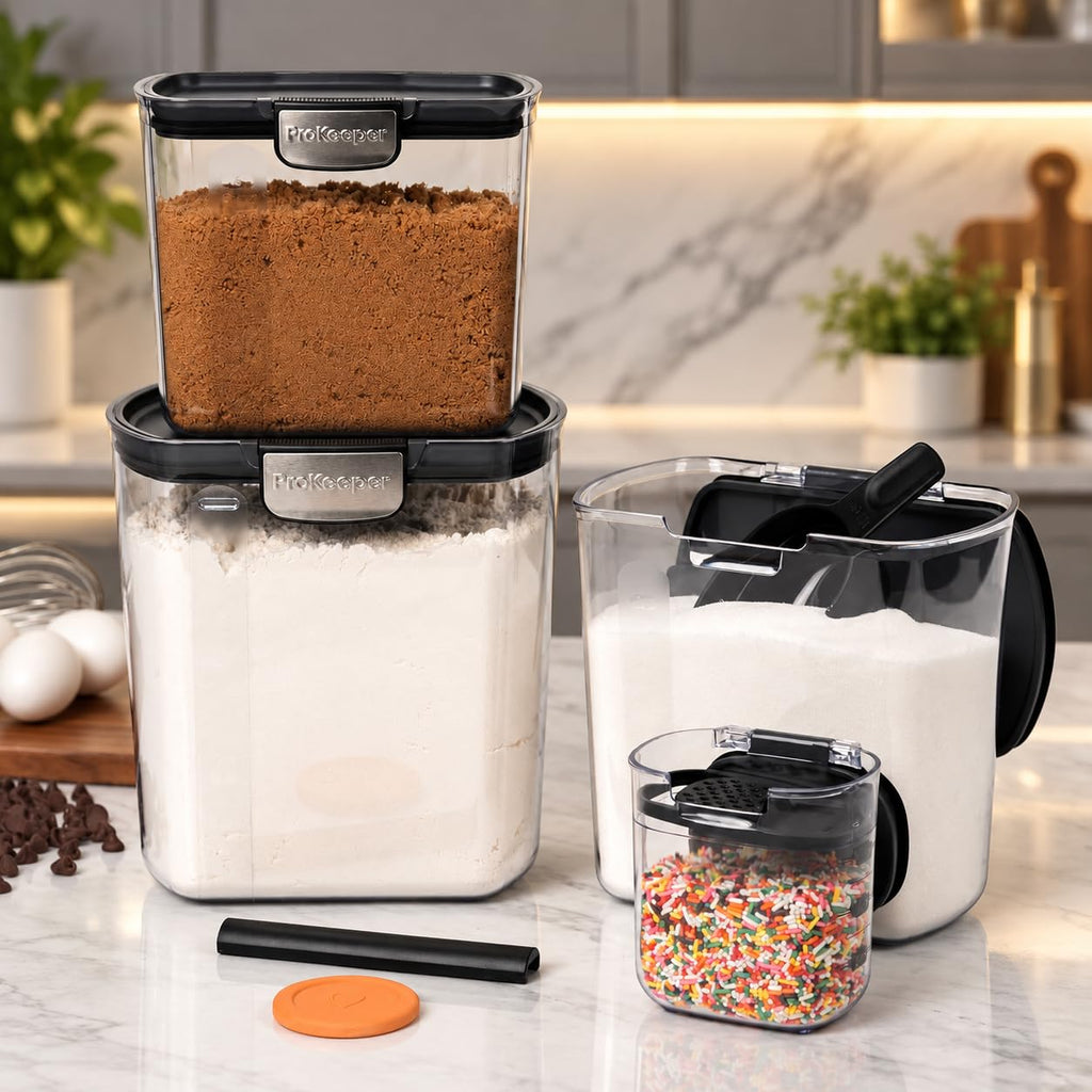 8-Piece Airtight Food Storage Container Set - Clear Plastic Flour and Sugar Canister Set with Magnetic Accessories