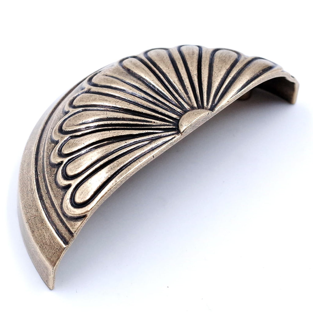 Cabinet Hardware Cup Pulls - 4 Pack, Antique Brass Petal Pattern, 3" Hole Centers, Vintage Pulls for Drawer Dresser