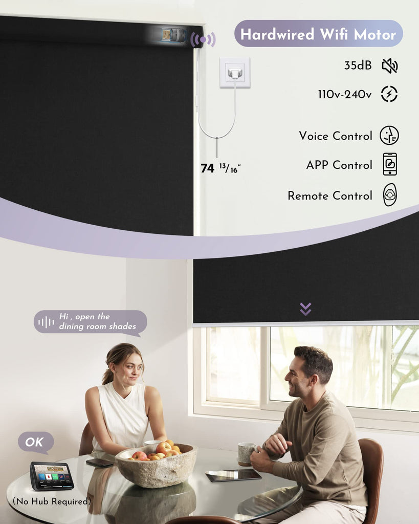 Motorized Shades 100% Blackout Compatible with Alexa Google WiFi Smart Hardwired Window Shade Remote Control Thermal