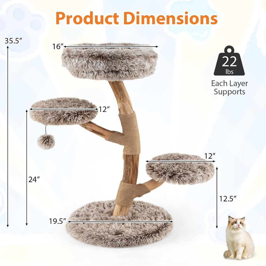 Solid Wood Cat Tree, Multi-Level Modern Cat Tower with Scratching Posts, Cozy Top Perch, 2 Platforms, Dangling Ball