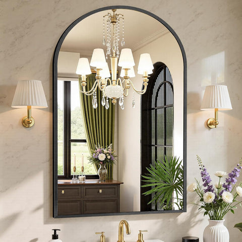 26"x38" Arch Black Bathroom Wall Mirror, Metal Frame Vanity Mirror