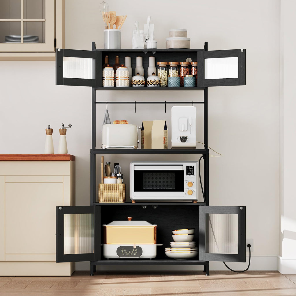 Bakers Rack with Storage Cabinet, 5-Tier Coffee Bar with Power Outlet and LED Lights, Industrial Microwave Oven Stand