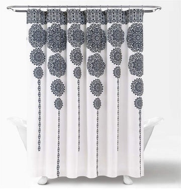 Stripe Medallion Shower Curtain-Fabric Mandala Bohemian Damask Print Design, 72" x 72", Navy