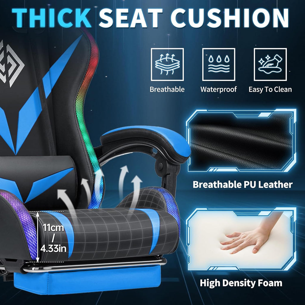 RGB Gaming Chair with Massage & Footrest Racing Style Computer Chair-Blue | Reclining Gamer Chair with LED Lights
