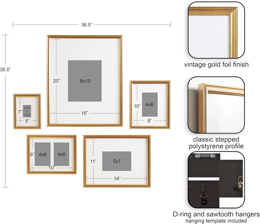 Adlynn Traditional Picture Frame Set, Set of 5, Varying Sizes, Vintage Gold, Classic Wall Frame Set Collection with