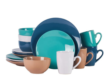 Color Wave Stoneware 16pc Dinnerware Set, Earth Paint Mixed Colors of White, Beige, Turquoise and Dark Blue