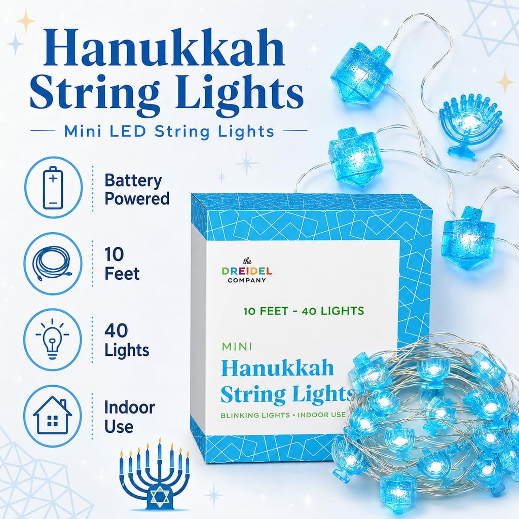 Hanukkah LED String of Lights and Dreidel Designs 10 Feet with 40 Lights (Single) - Set of 40