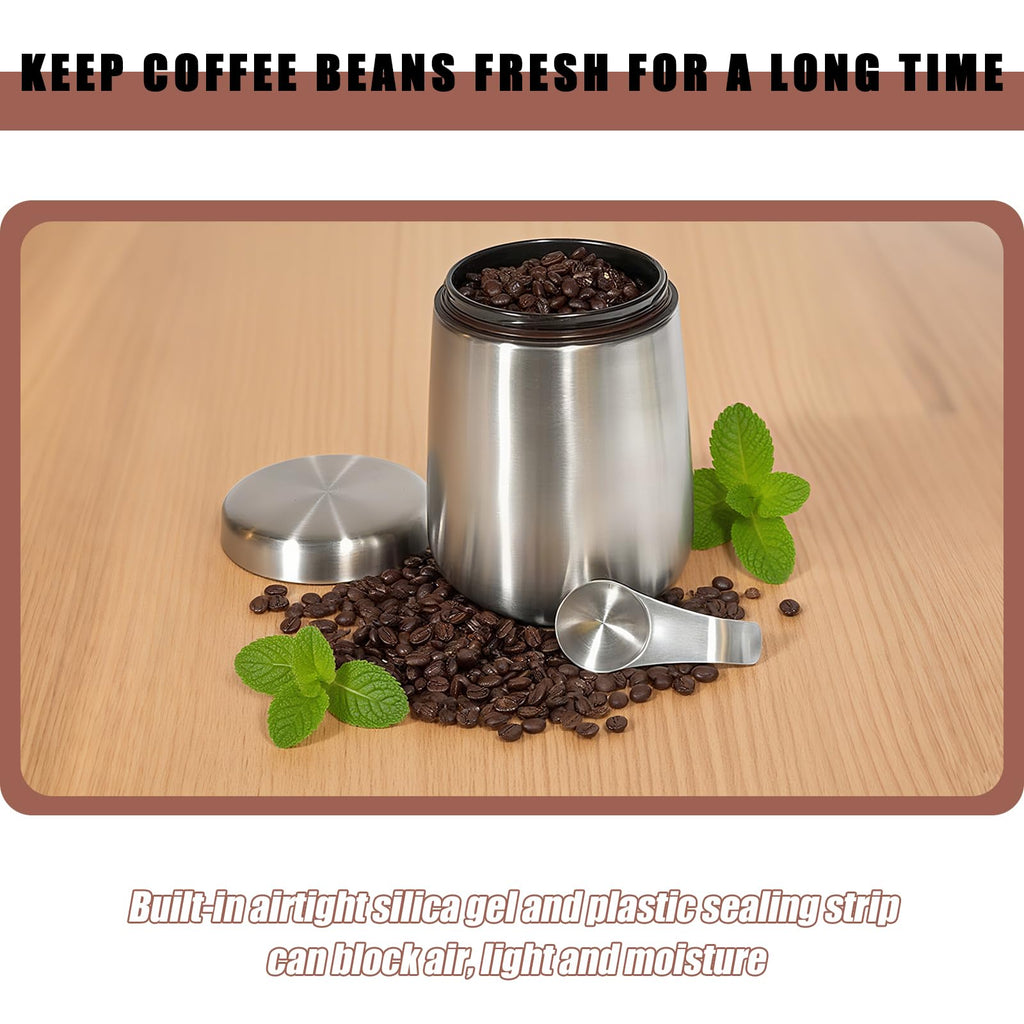 Coffee Canister, Airtight Stainless Steel Kitchen Food Storage Container with Date Tracker and Scoop for Grounds