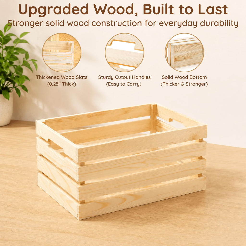 Set of 3 Small to Medium Rustic Wooden Nesting Crates with Handles, Decorative Tabletop Wooden Storage Box Counter