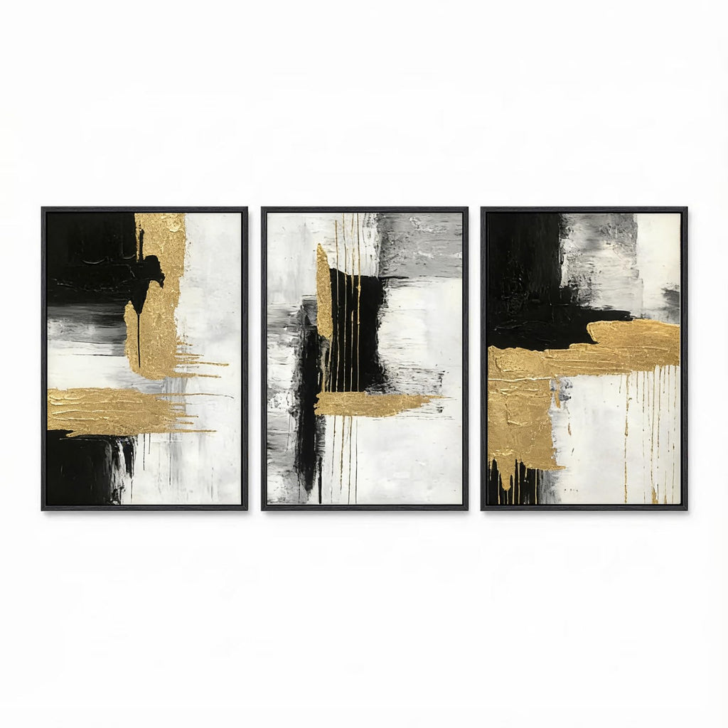 3D Textured Black and White Abstract Wall Art with Gold Foil, Framed 3 Pcs Hand Painted Oil Paintings, Large Luxury