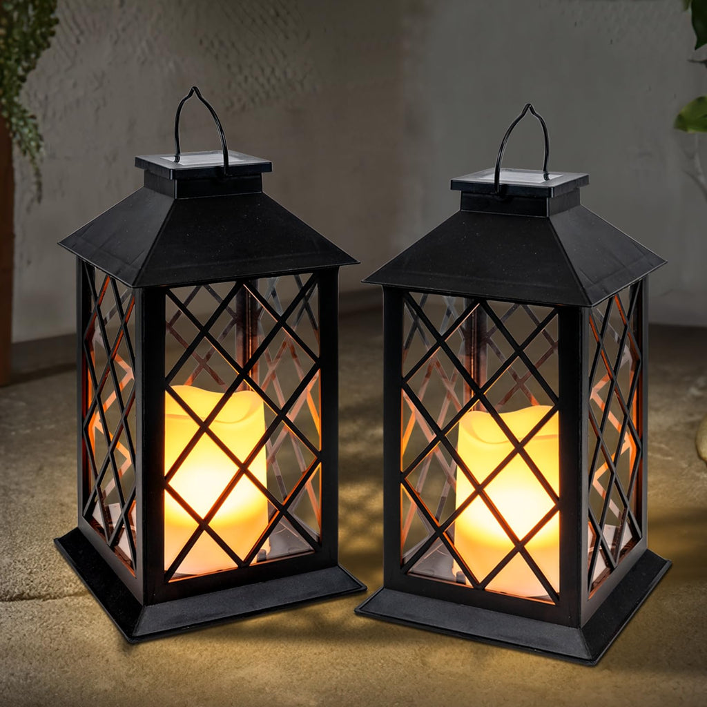 2 Pack 13'' Black Solar Lanterns Outdoor Waterproof Hanging