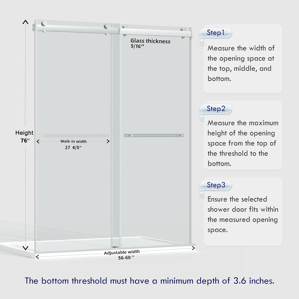 56-60” W x 76” H Bathroom Dual Sliding Frameless Shower Door