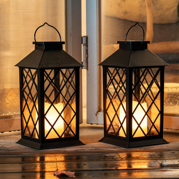 2 Pack 13'' Black Solar Lanterns Outdoor Waterproof Hanging