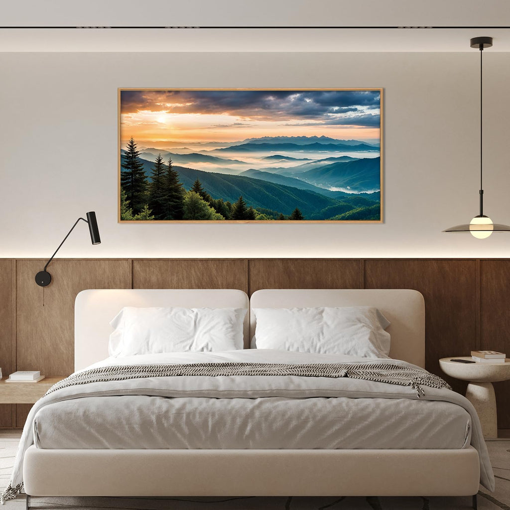 Large Nature Mountain Sunrise Framed Canvas Wall Art, Modern Misty Tree Wall Decor, Boho Forest Green Landscape