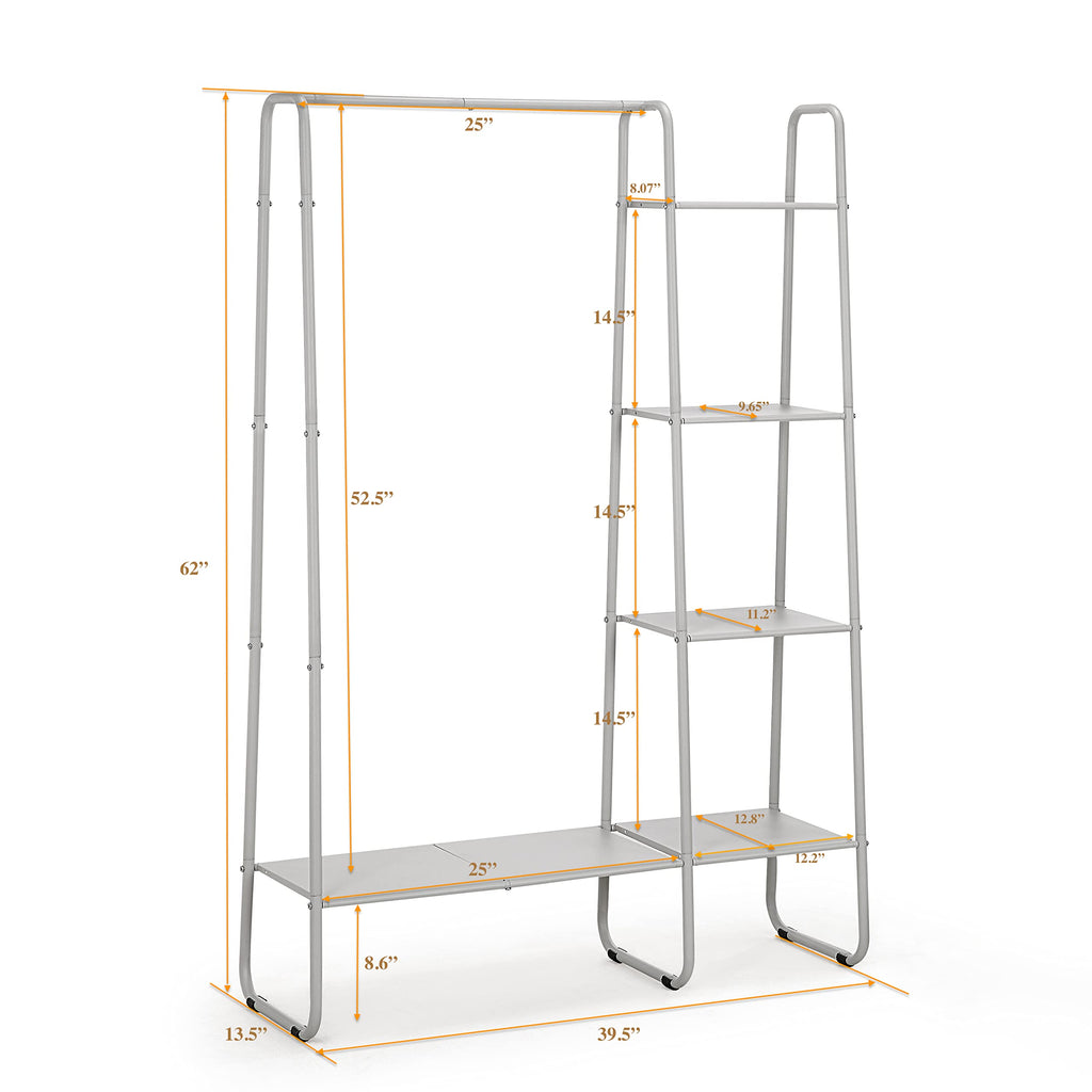 Open Closet Garment Rack with 4-Tier Shelves & Bottom Storage Shelf, Freestanding Open Wardrobe Clothes Rack