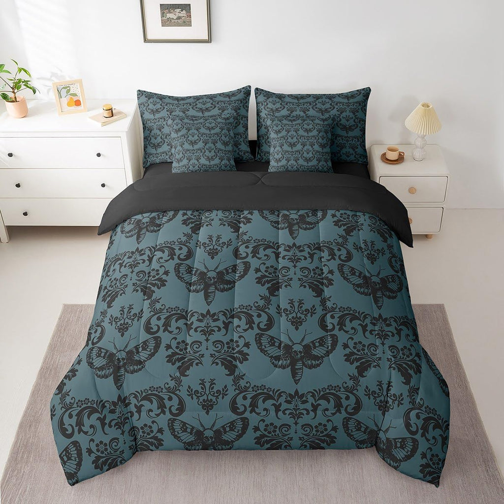 Gothic Bed in A Bag 7 Piece Turquoise Black Moth Goth Queen Comforter Set with Sheets Vintage Damask Boho Bedding