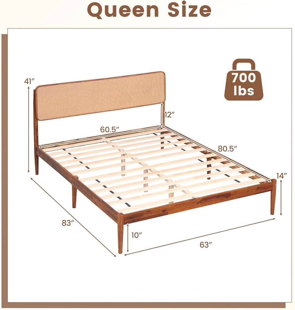 Rattan Queen Bed Frame, Boho Wood Platform Bed with Wicker Headboard, Wooden Mattress Foundation & Support Slats