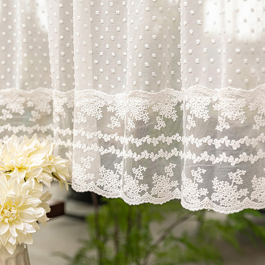 White Pom Pom Lace Sheer Curtain Valance Windows French Style