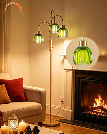 Green Glass Gold Floor Lamp 70" Modern Dimmable Tall Floor Lamps 3-Light