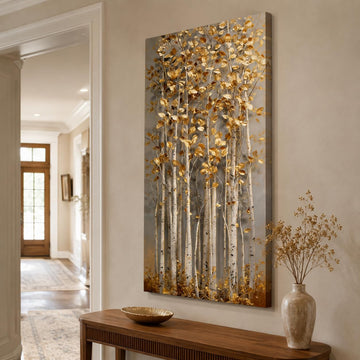 Birch Tree Canvas Wall Art, Gold-Tone 3D Visual Effect Forest Artwork, Flat-Printed Gallery Wrapped Canvas, Vertical