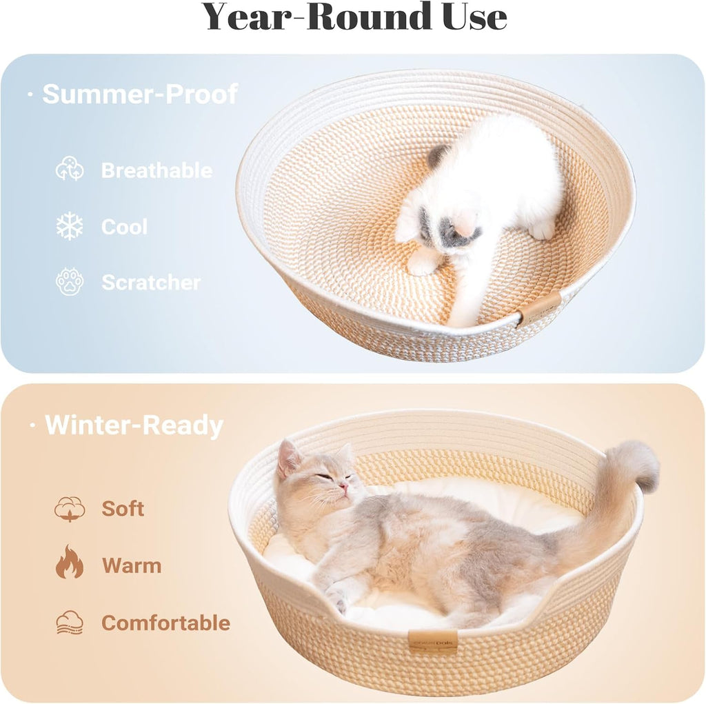 Handwoven Cat Basket Bed Cooling for Indoor Cat with Cushion