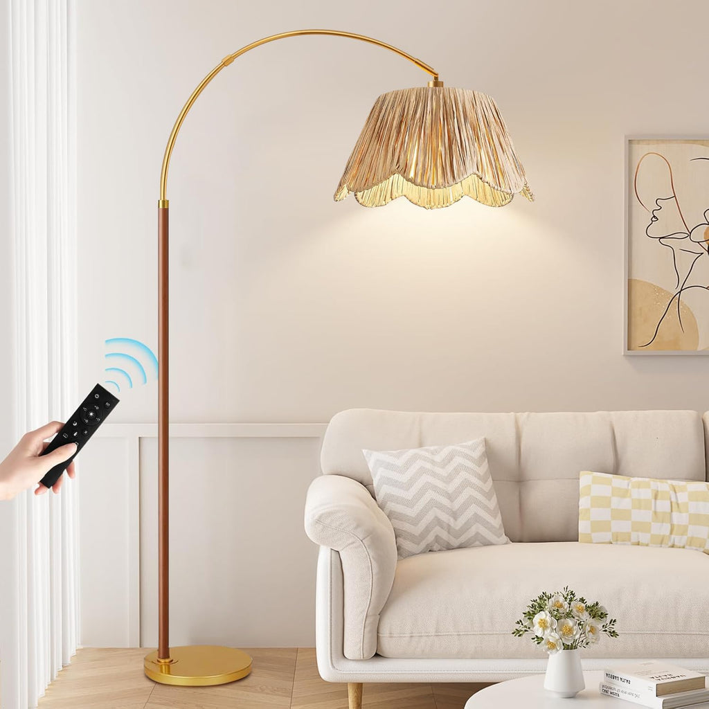 Vintage Arc Floor Lamps Farmhouse Wood Floor Lamp with Remote Control, Dimmable Rattan Floor Lamp Boho Standing Lamp